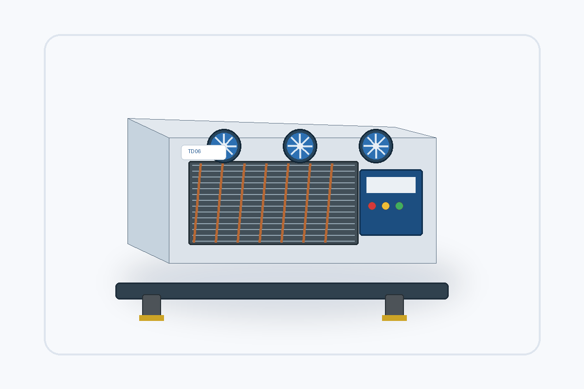 Toker Sogutma - Üç adet mavi fan kadranı, metal ızgara, dijital kontrol paneli ve tabanındaki sarı desteklere sahip Invergreen endüstriyel HVAC ünitesinin illüstrasyonu.